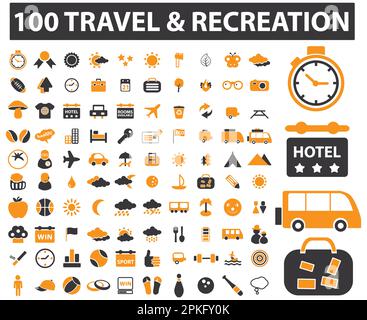 Una serie di 100 icone viaggio e tempo libero illustrazione vettoriale Illustrazione Vettoriale