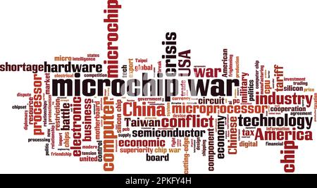 Concetto di cloud della parola di guerra di Microchip. Collage fatto di parole sulla guerra dei microchip. Illustrazione vettoriale Illustrazione Vettoriale