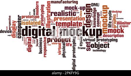 Concetto di digital mockup, word cloud. Collage fatto di parole sul digital mockup. Illustrazione vettoriale Illustrazione Vettoriale