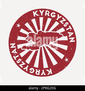 Francobollo Kirghizistan. Timbro di gomma rosso di viaggio con la mappa del paese, illustrazione vettoriale. Può essere utilizzato come insegna, logotipo, etichetta, adesivo o badge di Illustrazione Vettoriale