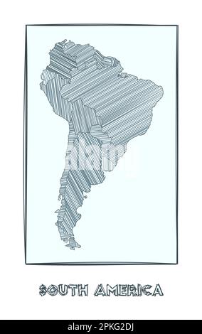 Mappa di schizzo del Sud America. Mappa del continente in scala di grigi disegnata a mano. Regioni riempite con strisce di hachure. Illustrazione vettoriale. Illustrazione Vettoriale