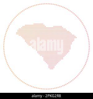 Badge digitale del South Carolina. Mappa in stile tratteggiato della Carolina del Sud in cerchio. Icona tecnica dello stato degli Stati Uniti con punti graduati. Illustrazione Vettoriale