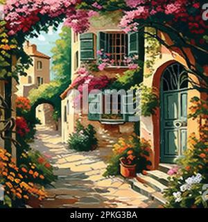 Acquerello paesaggio estivo con vela, fiori e casa vettore illustrazione Illustrazione Vettoriale