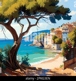 Acquerello paesaggio estivo con vela, fiori e casa vettore illustrazione Illustrazione Vettoriale