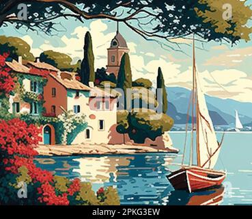 Acquerello paesaggio estivo con vela, fiori e casa vettore illustrazione Illustrazione Vettoriale