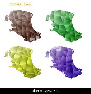 Insieme di mappe poligonali vettoriali di Parrot Cay. Mappa a gradiente luminoso dell'isola in basso stile poly. Mappa multicolore Parrot Cay in stile geometrico per la tua i Illustrazione Vettoriale