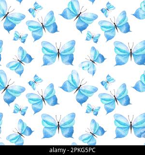 Acquerello motivo a farfalla blu senza cuciture su sfondo bianco, illustrazione dipinta a mano in stile botanico, per la stampa di tessuti Foto Stock