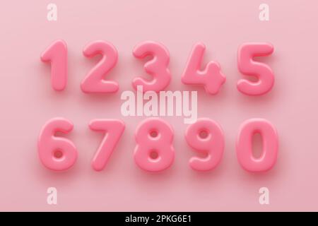 3D numero rosa 1,2,3,4,5,6,7,8,9 e null con superficie lucida su sfondo rosa Illustrazione Vettoriale