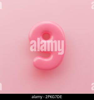 3D numero rosa 9 con superficie lucida su sfondo rosa. Illustrazione Vettoriale