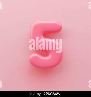 3D numero rosa 5 con superficie lucida su sfondo rosa. Illustrazione Vettoriale