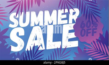 Poster Summer sale con disegno a foglia di palma per stampa o web. Poster del modello di Vendita estiva, illustrazione vettoriale. Design del banner Illustrazione Vettoriale