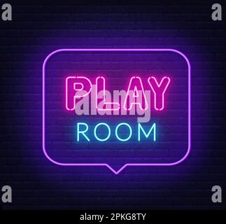 Play Room neon segno nella bolla di discorso su sfondo muro di mattoni. Illustrazione Vettoriale