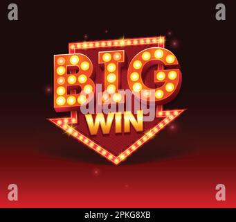 Cartello retrò con bandiera Big Win. Disegno di illustrazione vettoriale con poker, slot machine, carte da gioco, slot e roulette. Grande vittoria con la lampada rossa Illustrazione Vettoriale