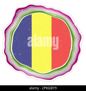 Bandiera Ciad nel telaio. Distintivo del paese. Segno circolare a strati intorno alla bandiera del Ciad. Illustrazione vettoriale accurata. Illustrazione Vettoriale