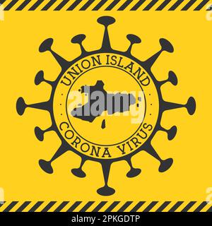 Corona virus in Union Island segno. Badge rotondo con forma di virus e mappa dell'Unione. Il bollo giallo dell'epidemia dell'isola. Illustrazione vettoriale. Illustrazione Vettoriale