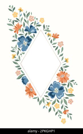 Delicato Chintz Romantic Meadow Wildflowers Vector Diamond Frame Illustrazione Vettoriale