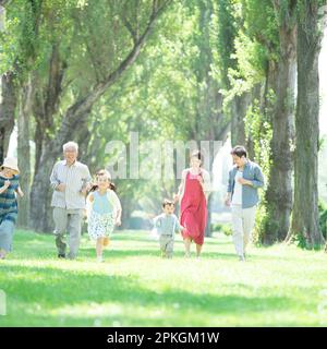 Famiglia di tre generazioni che corre lungo alberi di pioppo Foto Stock