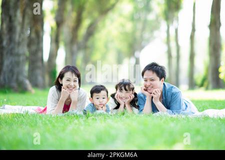 Famiglia sdraiata su una fila di alberi di pioppo Foto Stock