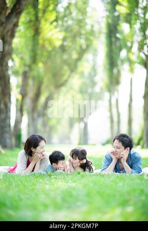 Famiglia sdraiata in una fila di alberi di pioppo Foto Stock