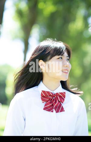 Studentessa sorridente ad una fila di alberi di pioppo Foto Stock