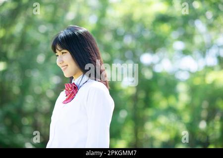 Studentessa sorridente ad una fila di alberi di pioppo Foto Stock