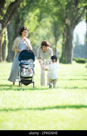 Famiglia di tre generazioni che fa una passeggiata lungo gli alberi di pioppo Foto Stock
