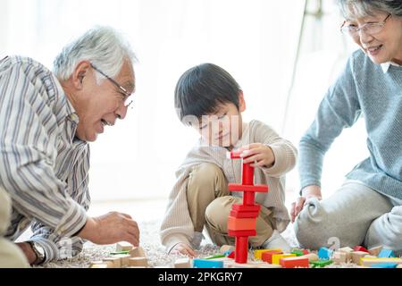 Nonni e nipoti che giocano con i blocchi di costruzione Foto Stock