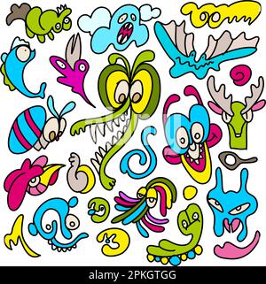 Collezione di divertenti illustrazioni colorate Cartoon Doodle. Set di mostri o alieni Comic Weird Fantasy Characters Group su sfondo bianco Illustrazione Vettoriale