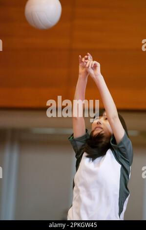 Le studentesse giocano a pallavolo in palestra Foto Stock