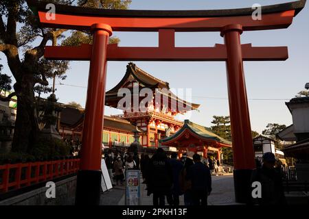 6 marzo 2023, Kyoto, Giappone: Fushimi Inari-taisha è un santuario shintoista nel sud di Kyoto, Giappone. E' una delle attrazioni turistiche piu' popolari di Kyoto ed e' famosa per le sue migliaia di porte vermilion torii, che si snodano su una rete di sentieri dietro i suoi edifici principali. Il santuario è dedicato a Inari, il dio del riso, e si dice che sia stato fondato nel 711 d.C. Le porte torii furono originariamente donate da mercanti e produttori che pregavano per la benedizione di Inari sulle loro attività. Oggi, il santuario è una destinazione popolare sia per i turisti che per i locali che vengono a pregare per la buona fortuna, su Foto Stock