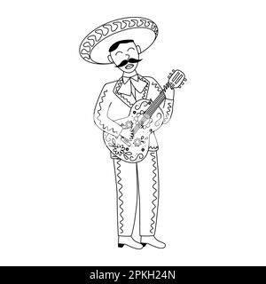 Mariachi musicista con chitarra, disegno vettoriale piatto stile doodle per bambini libro da colorare Illustrazione Vettoriale