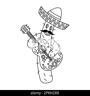 Carino cactus cantare musicista con chitarra e sombrero, doodle stile piatto vettore contorno illustrazione per bambini libro da colorare Illustrazione Vettoriale