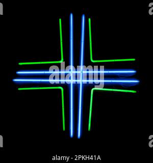 Primo piano su una luce verde al neon a forma di croce usata per mostrare una farmacia. Foto Stock