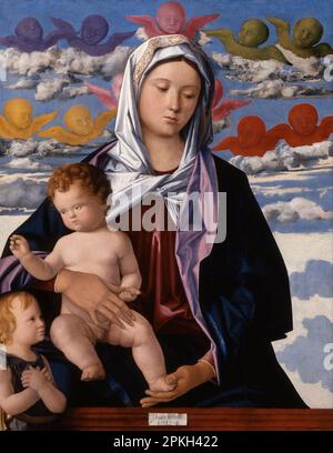 Madonna col Bambino con il Bambino San Giovanni Battista, dipinto nel 1480 dall'artista rinascimentale italiano Giovanni Bellini Foto Stock