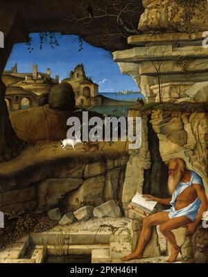 San Girolamo Reading (1505) dipinto dall'artista rinascimentale italiano Giovanni Bellini Foto Stock