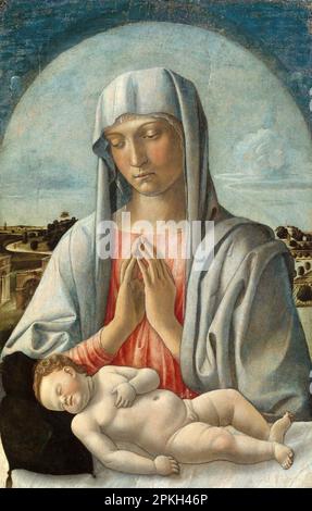 Madonna adora il Bambino addormentato dall'artista rinascimentale italiano Giovanni Bellini Foto Stock