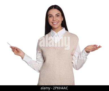 Bella giovane donna su sfondo bianco. Previsioni del tempo Foto Stock