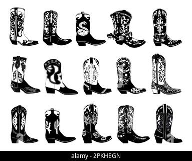 Set di diversi stivali da cowboy nero disegno vettoriale Illustrazione Vettoriale