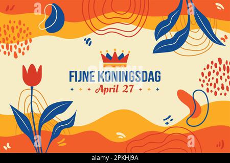 Illustrazione del vettore Fijne Koningsdag. Happy King's Day 27 aprile. Tulip Memphis poster design. Amsterdam Olanda celebrazione olandese. Social media Illustrazione Vettoriale