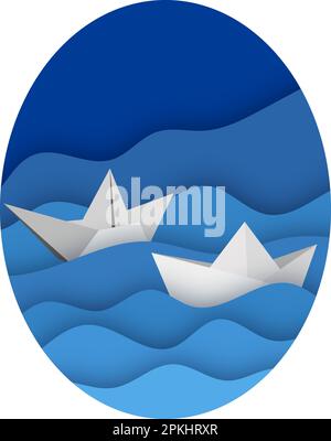 Spedizione di carta su onde, sfondo, cartolina, invito, per la stampa. Nello stile di pipercut Illustrazione Vettoriale