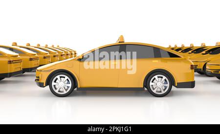 3d rendering di molti taxi ev gialli o veicoli elettrici su sfondo bianco Foto Stock