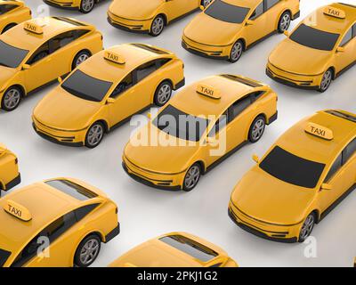 3d rendering di molti taxi ev gialli o veicoli elettrici su sfondo bianco Foto Stock