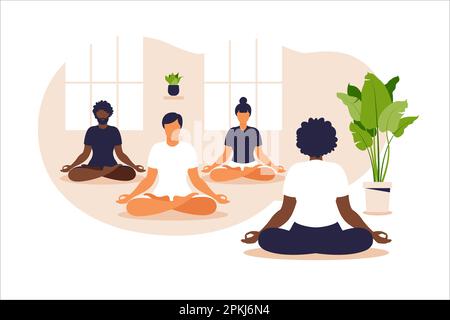 Gruppo di yoga. Bilanciamento della posizione e allungamento. Le persone sedute insieme nella posizione del loto, stanno praticando la meditazione della consapevolezza e lo yoga Illustrazione Vettoriale