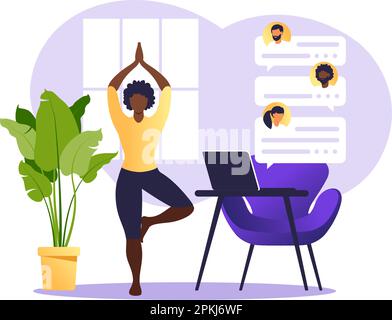 Concezione libera professionista donna africana che pratica yoga e meditazione a casa. La ragazza si siede nella posizione del loto, nel processo di pensiero, nell'inizio e.. Illustrazione Vettoriale