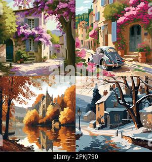 Set vettoriale di illustrazioni stagioni. Primavera, estate, autunno, inverno - paesaggi Illustrazione Vettoriale