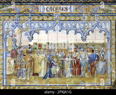 REYES CATOLICOS. FERNANDO II DE ARAGON E ISABEL I DE CASTILLA. "JURAMENTO DE ISABEL LA CATOLICA DE RESPETAR LOS FUEROS DE CACERES" 1477. AZULEJOS DE LA PLAZA DE ESPAÑA DE SEVILLA. Foto Stock