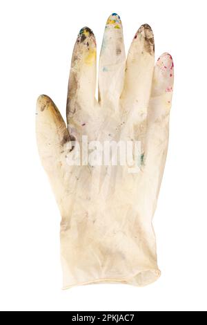 Guanti di gomma bianca in macchie di vernice su sfondo bianco. Il concetto di creatività, creazione. Il file contiene il percorso di ritaglio. Foto Stock