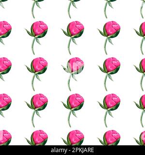Motivo acquerello disegnato a mano di peonie rosa e foglie verdi Foto Stock
