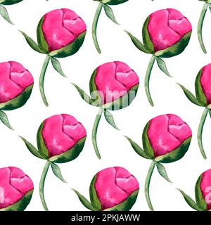 Motivo acquerello disegnato a mano di peonie rosa e foglie verdi Foto Stock