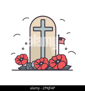 fiori di papavero rosso nel cimitero minimalista illustrazione vettoriale Illustrazione Vettoriale